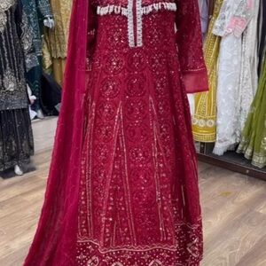 & Other Stories Burgundy Embroidered Long Sleeve Dress